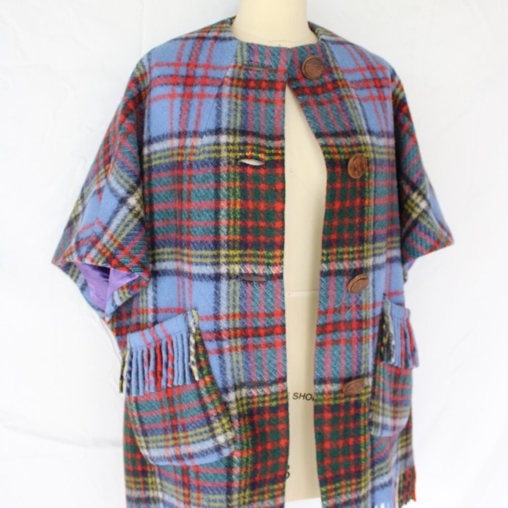 MERRYWEAR Ireland jacket cape poncho cloak Tartan plaid wool fringe check - Picture 9 of 12